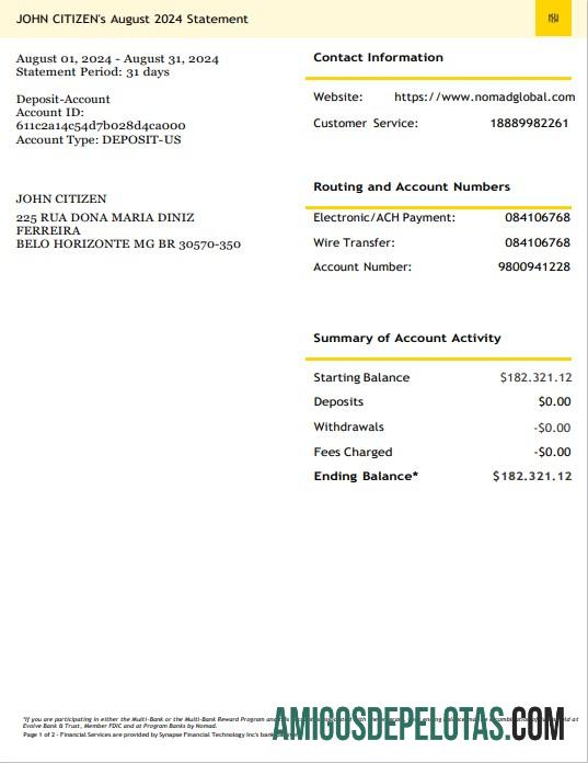 Extrato bancário global do USA Nomad de 3 a 6 meses em Word e PDF modelo de exemplo